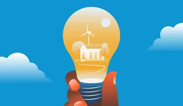 Ilustración donde se ve una casa que tiene diferentes prácticas que atienden lo que es eficiencia energética, dentro un foco.